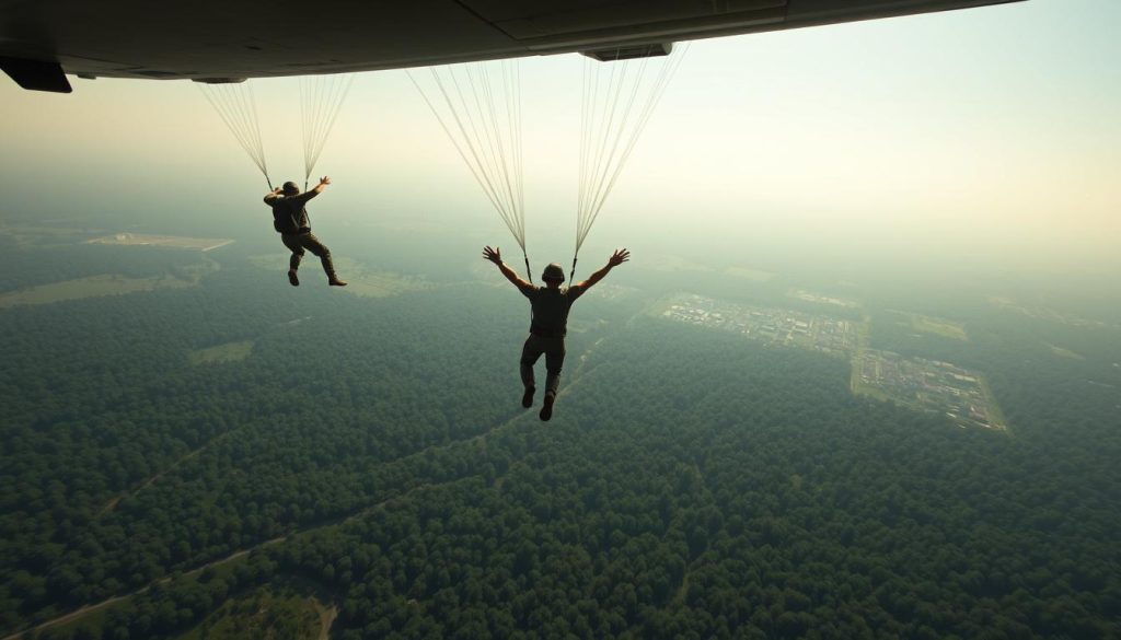 A panoramic aerial view of a vast, verdant landscape stretching out below. In the foreground, a player character is seen leaping from a military transport plane, their parachute billowing behind them as they descend towards a densely forested area. The character's pose conveys a sense of focus and control, with their arms outstretched and legs tucked in, optimizing their trajectory. The middle ground reveals a sprawling PUBG battlefield, dotted with buildings, vehicles, and other players parachuting down. In the distance, the horizon is obscured by a hazy, atmospheric lighting that casts a warm, golden glow over the entire scene, evoking the thrill and intensity of the battle royale gameplay. The camera angle is slightly elevated, providing a bird's-eye view that enhances the sense of scale and strategic planning involved in the PUBG jumping and landing techniques.