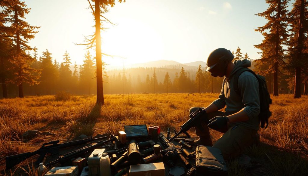 A serene forest clearing bathed in warm, golden sunlight. In the foreground, a seasoned PUBG player meticulously inspects a cache of weapons, ammunition, and medical supplies, meticulously organizing them for efficient looting. The middle ground features a detailed map of the game world, with highlighted points of interest for resource gathering. In the background, the silhouettes of distant buildings and the edge of the safe zone loom, hinting at the dangers that lie ahead. The overall atmosphere conveys a sense of careful preparation, tactical planning, and the thrill of survival in the PUBG universe.